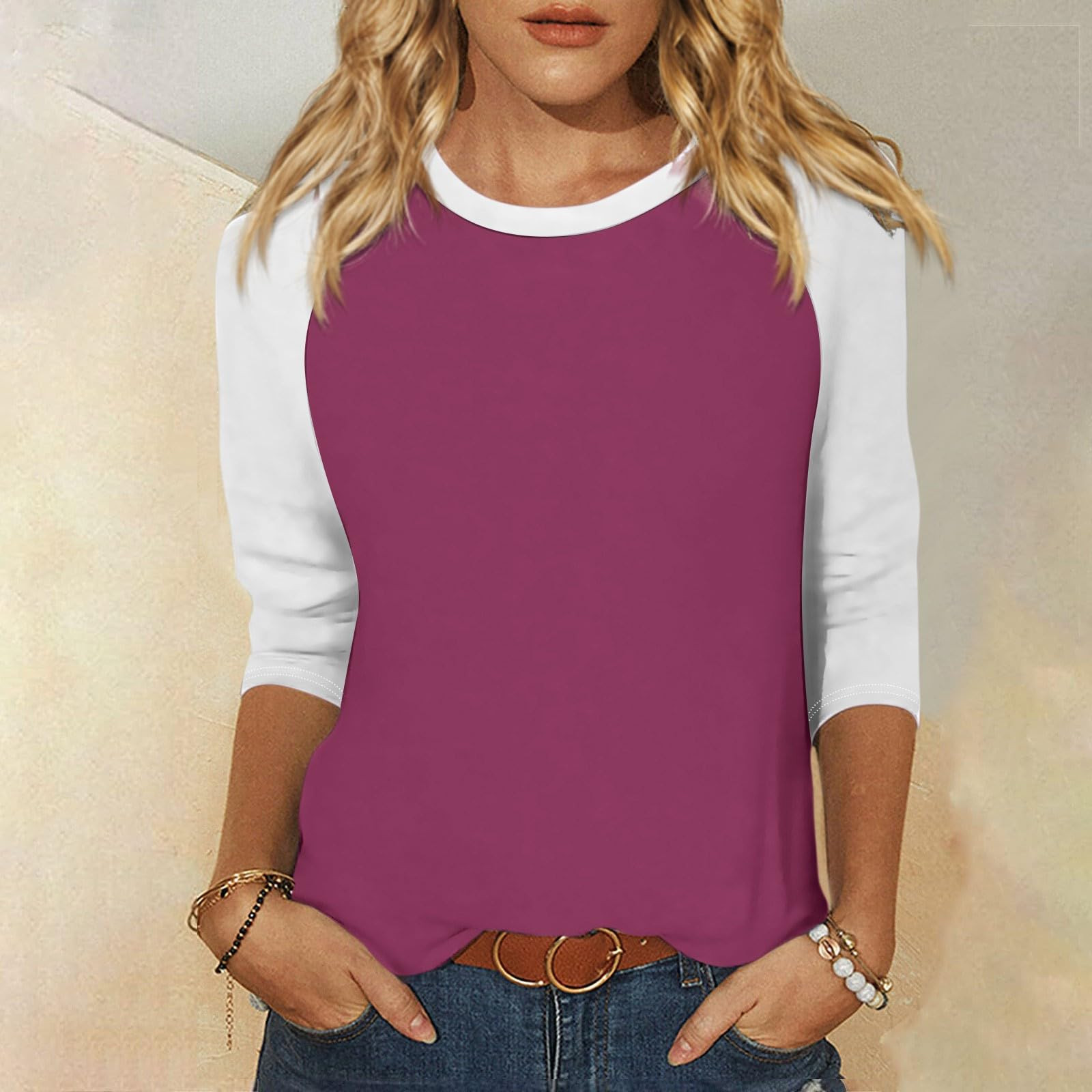 thumbnail image 2 of Camiseta raglán de manga 3/4 para mujer: cuello redondo, estampado informal, versátil para todas las estaciones (S-XXL), 2 of 5